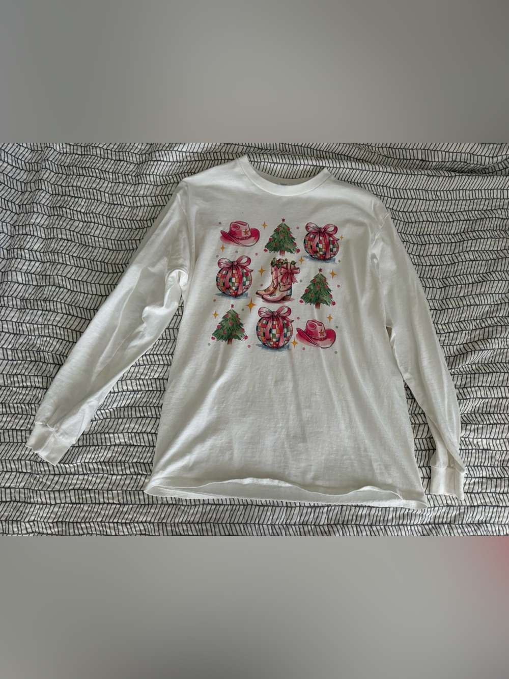 Gildan White Long-Sleeve Tee with Pink & Green Holiday Motifs